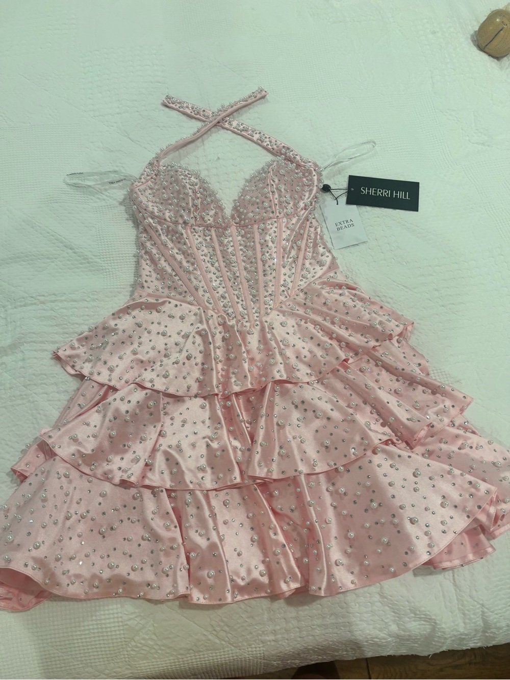 Sherri Hill 58104 pink pearl halter ruffle homecoming dress